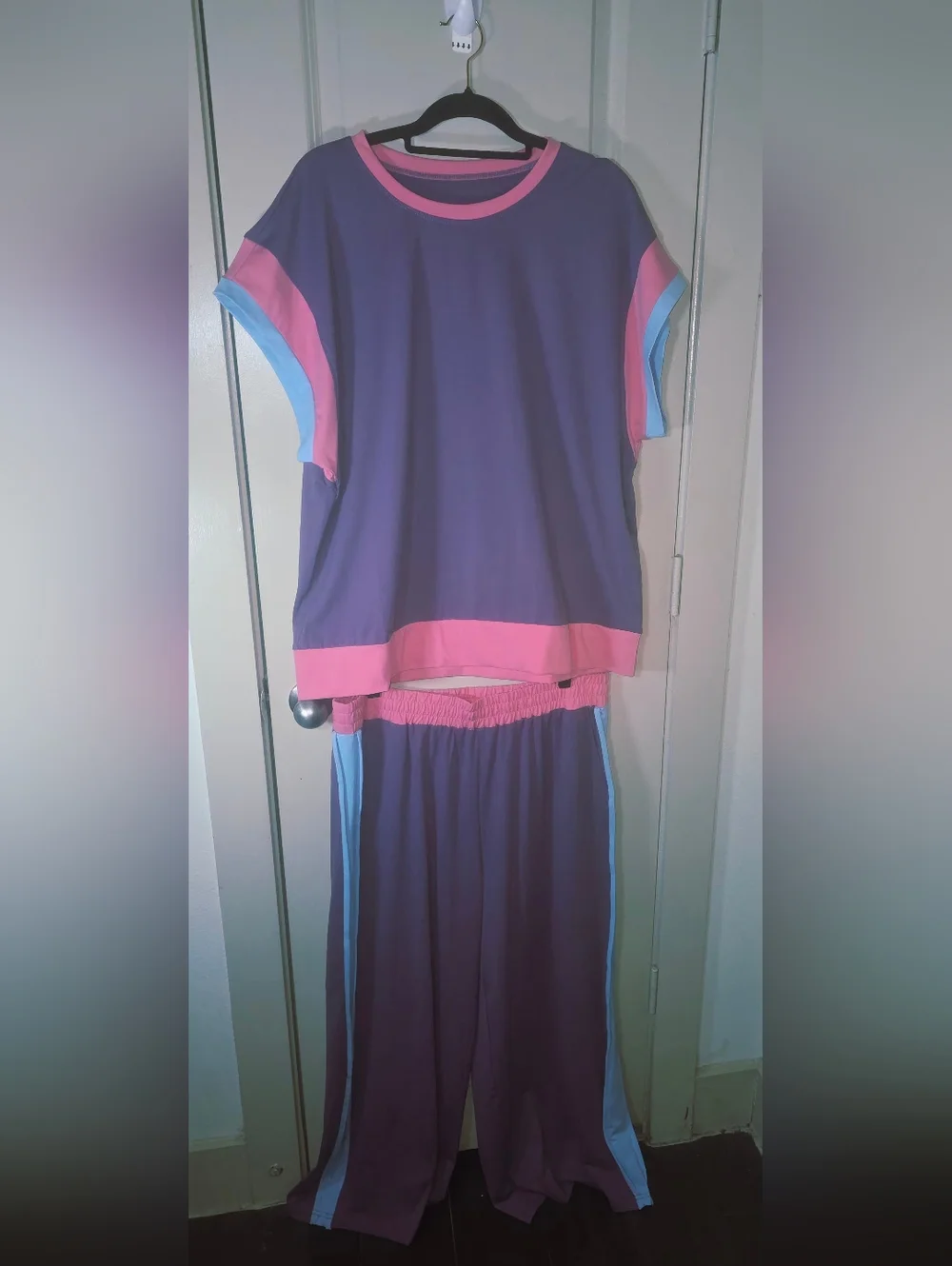 2 Piece 2X Retro Inspired Wide Leg Lounge Set Purple Pink Blue Athleisure